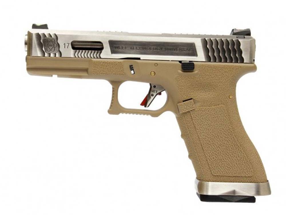 WE Force G17 TAN Silver Slide and Silver Barrel With Thumb Rest