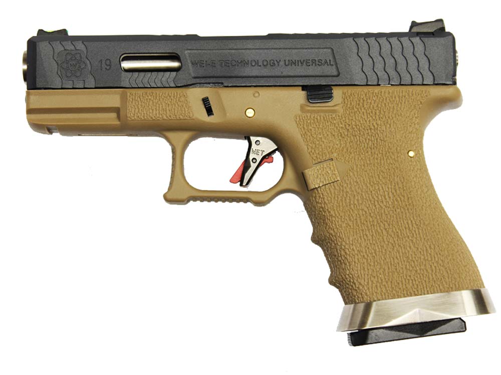 WE G19 GBB Pistol Brand War Ver BK Slide, Tan Frame Gold Barrel