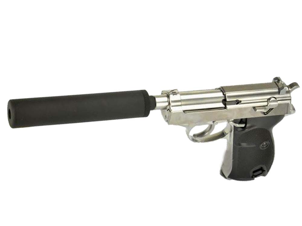 WE Short Outer Barrel P38 GBB Pistol with Metal Silencer Silver